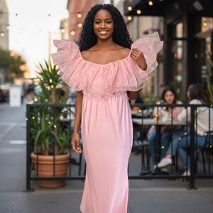 Faeriesty Pink Off Shoulder Ruffle Maxi Dress Women’s L Formal Party Gown
